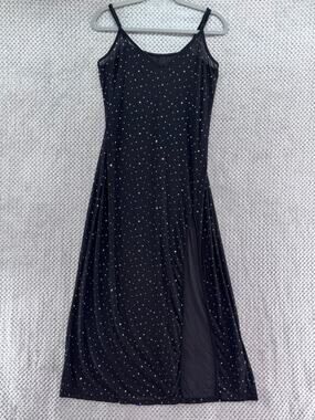 Shein Slip Maxi Dress Women L Black Iridescent Rhinestone Sheer Front Slit Party